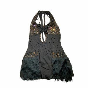 Dance Costume Custom Black Jazz Rhinestoned Fringe AXS